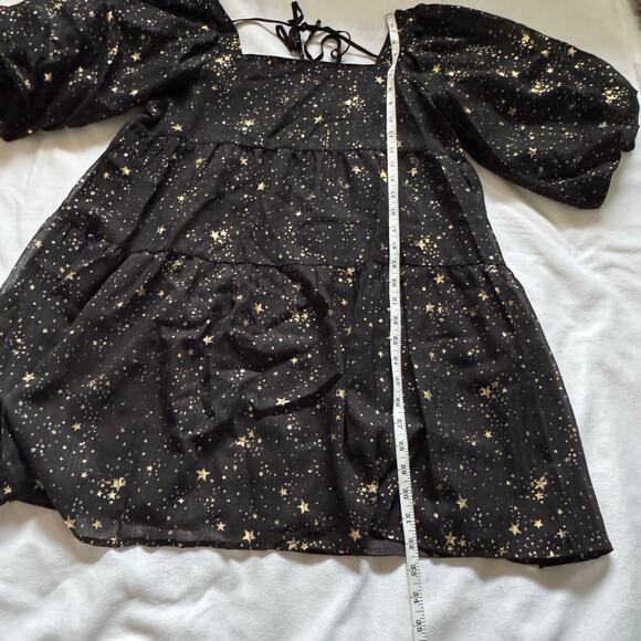Nasty Gal Metallic Star Print Puff Sleeve Baby Doll Tiered Mini Dress 8 - Picture 6 of 7